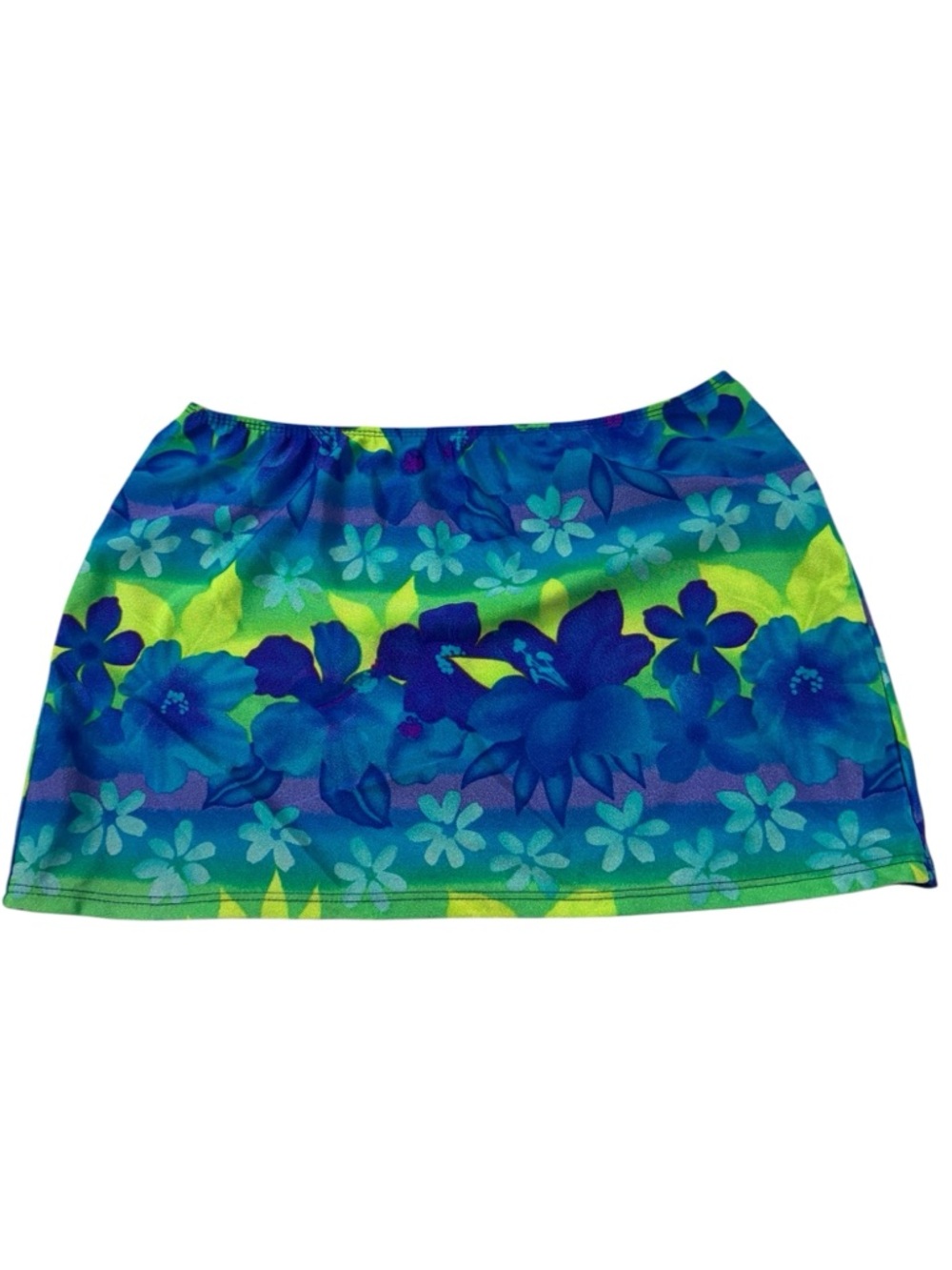 90s Neon Bright Floral Blue & Lime Micro Nylon and Spandex Women’s Swim Skirt